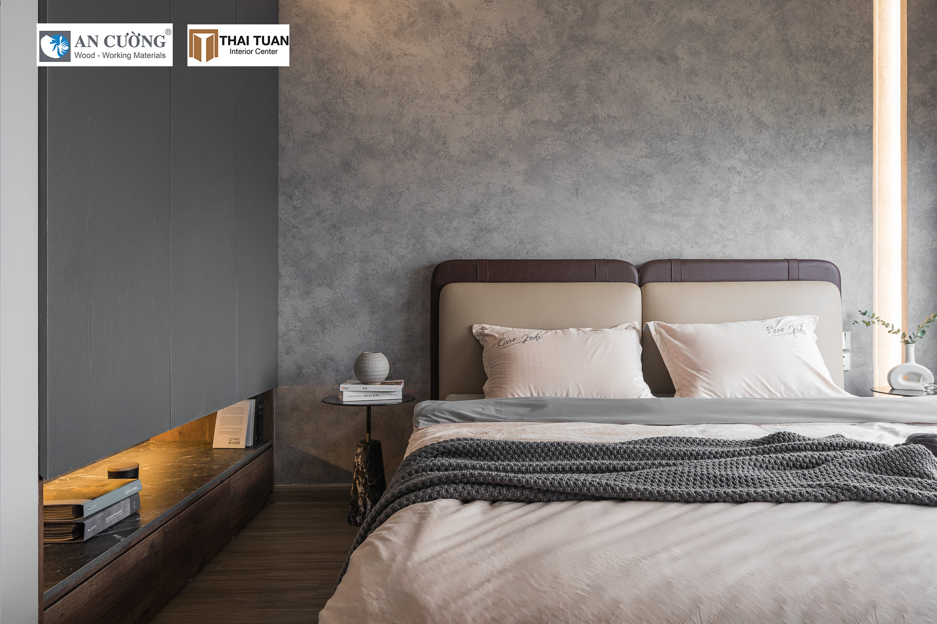 Phòng ngủ sử dụng vật liệu nhấn màu beton MFC MS 431 BT